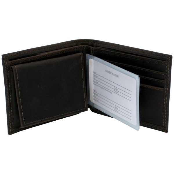 open brown leather bi-fold wallet